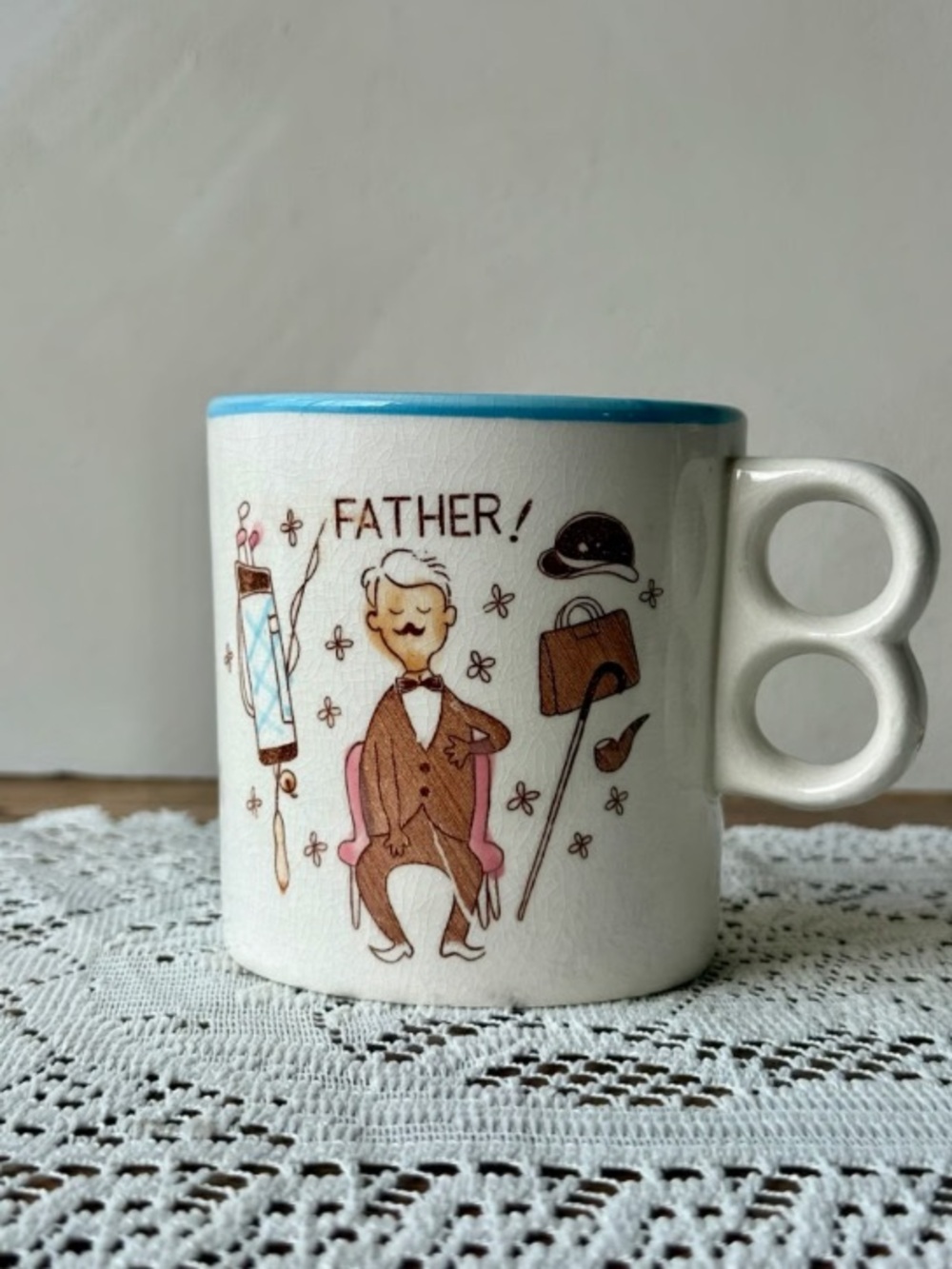 Father Ceramic Mug in White and Blue with Double-Loop Handle